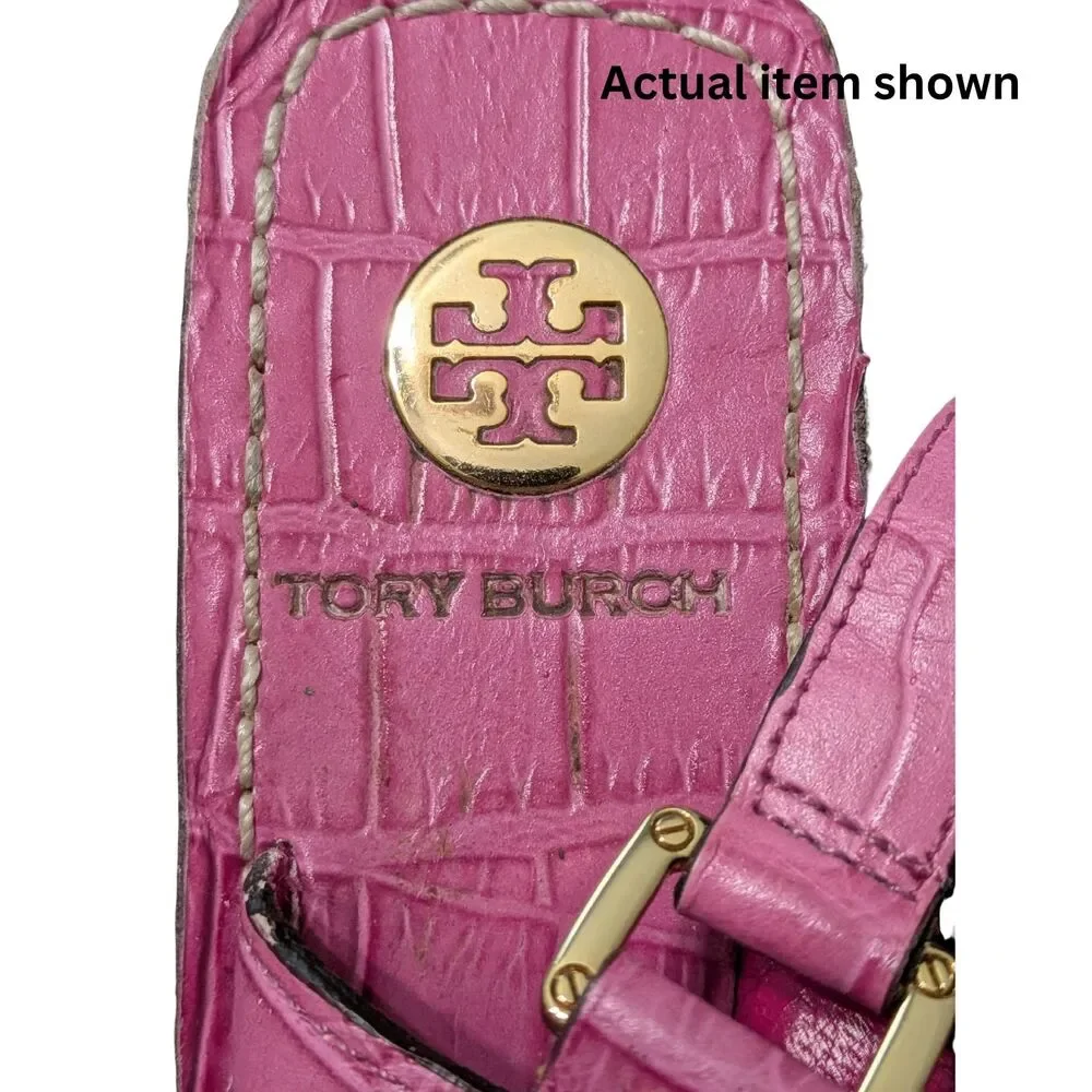 💖 Tory Burch Hot Pink Croc Embossed Leather Strappy Sandal 7.5